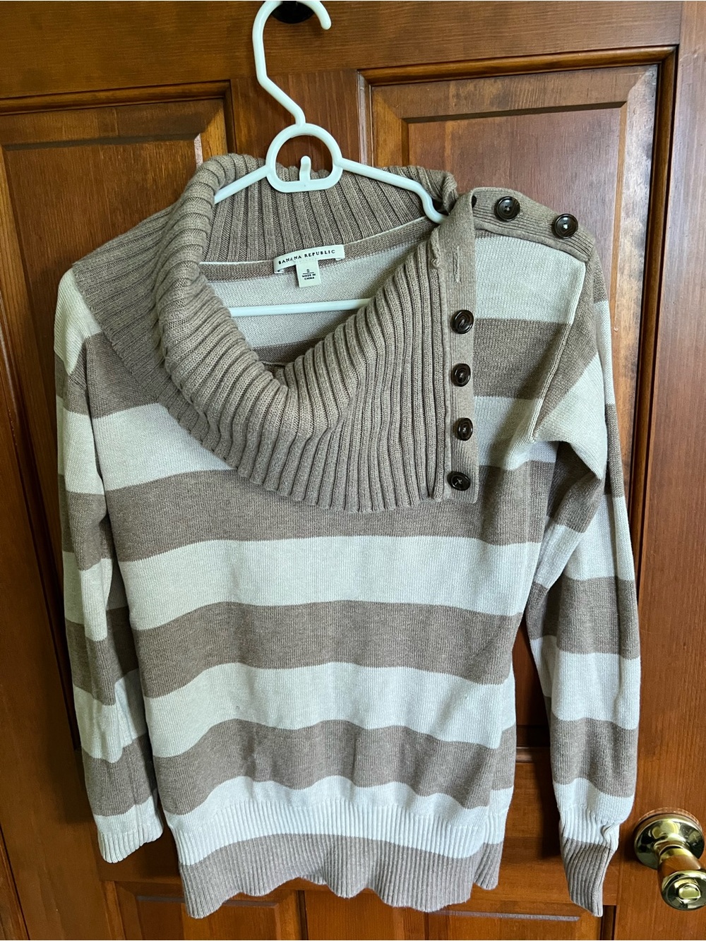 Banana Republic Taupe and Cream Striped Cowl Button-Shoulder Sweater